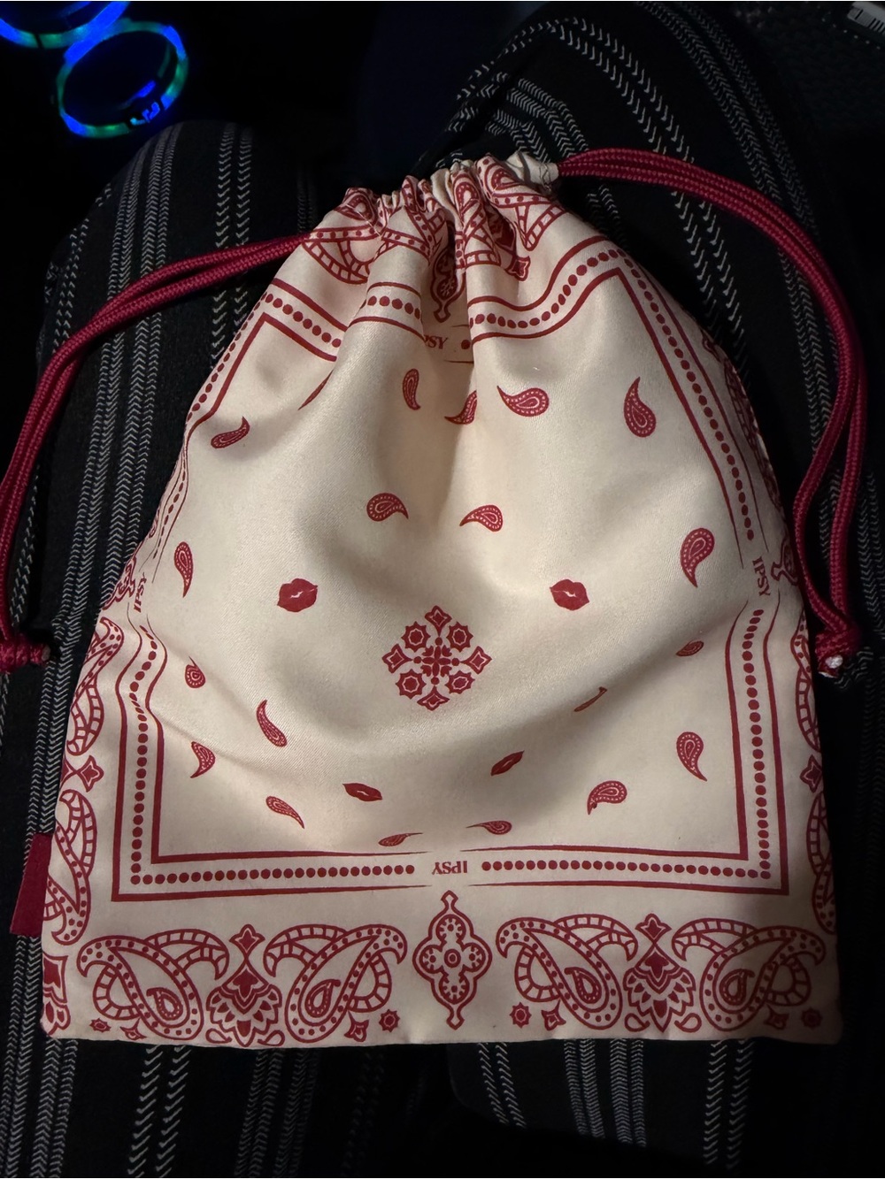 Ipsy Cream and Red Drawstring Bandana Pouch